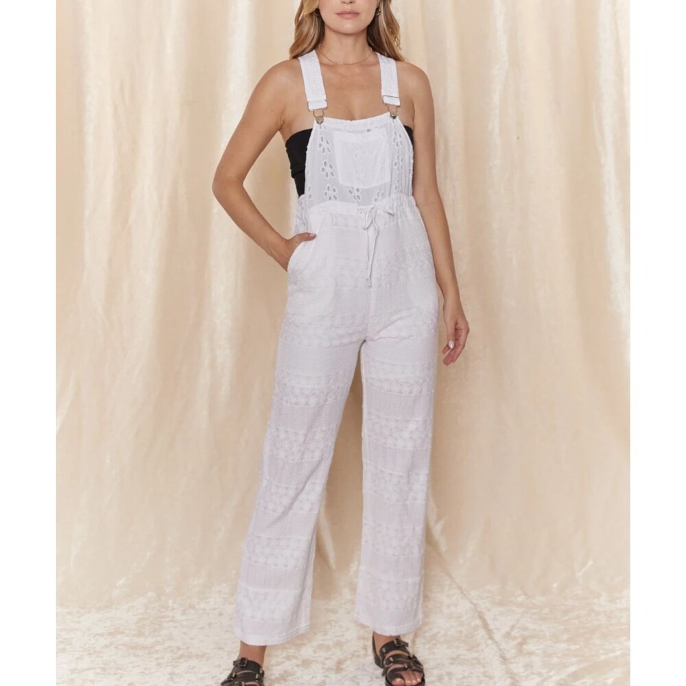 anthropologie  RAGA Juhi White Eyelet Cotton Embroidery Tie Waist Overall size S